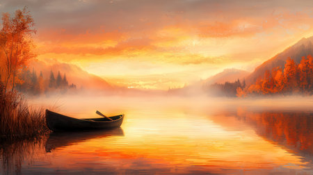 Foggy morning on the lake with boat and mountain in backgroundの素材