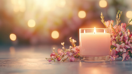 Candle with pink flowers on a wooden table with bokeh backgroundの素材