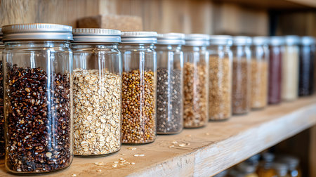 Different types of grains in glass jars on a shelf in a pantryの素材