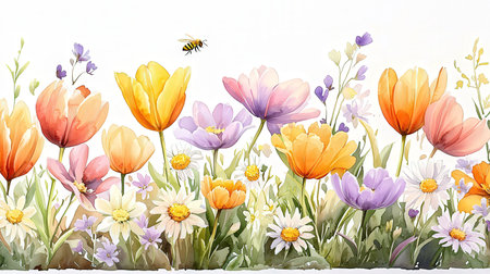 Seamless border with spring flowers and bees. Watercolor illustration.の素材