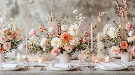 Festive table setting with white and pink flowers in vase and candlesの素材