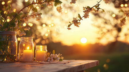 Burning candles in glass jars on wooden table in garden at sunsetの素材