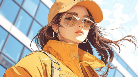 Portrait of a beautiful young woman in a yellow jacket and sunglasses.の素材