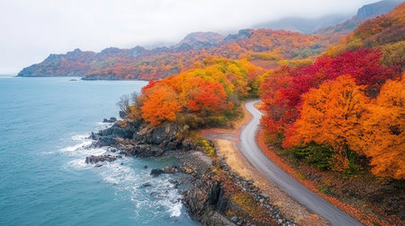 Beautiful autumn landscape with mountain road and colorful forest. Aerial viewの素材
