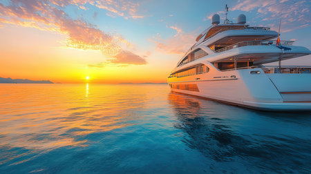 Beautiful luxury yacht in the sea at sunset or sunrise time.の素材