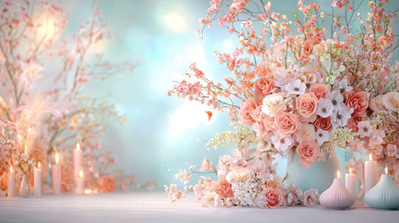 Beautiful flowers in vase on table against blurred background with bokehの素材