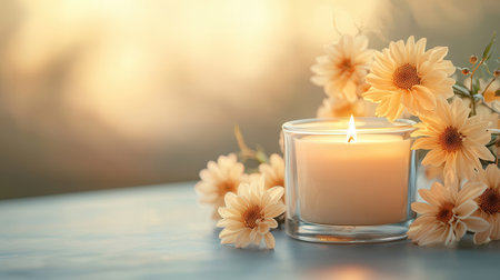 Burning candle with beautiful flowers on table outdoors, space for textの素材