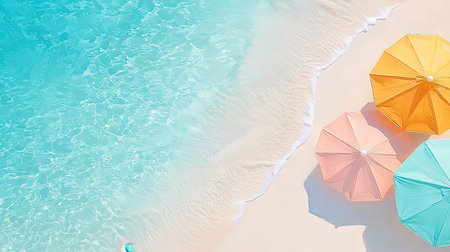 Beach umbrellas on white sand with turquoise waterの素材