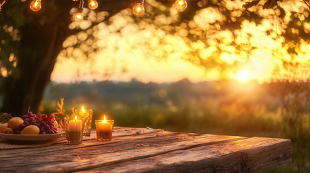 Candles and fruits on a wooden table in the garden at sunsetの素材