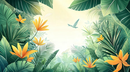 Tropical background with palm leaves and flowers. Vector illustration.の素材