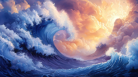 Fantasy sea or ocean wave. 3D surreal illustration. Sacred geometry. Mysterious psychedelic relaxation pattern. Fractal abstract texture. Digital artwork graphic astrology magicの素材