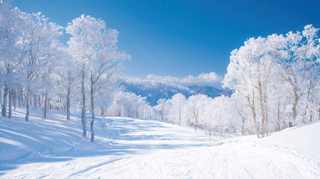Beautiful winter landscape with snow covered trees and blue sky background.の素材