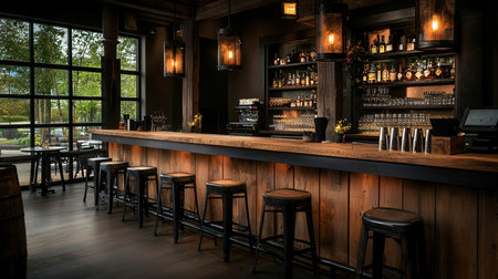 Interior of a pub with bar counter, chairs and wooden wallsの素材