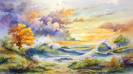 Beautiful landscape with autumn trees and waves. Watercolor illustration.の素材