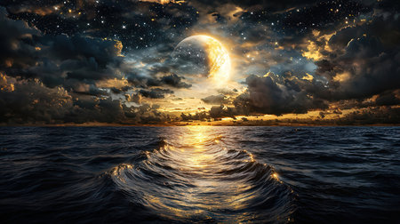 Full moon over the sea at night with clouds and stars. 3d renderingの素材