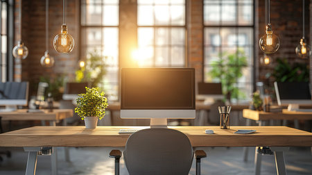 Modern coworking office interior with furniture and equipment. 3D Renderingの素材