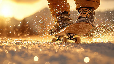 Skateboarder riding on skateboard in the snow at sunsetの素材