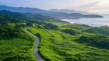 Aerial view of a road running through a green meadow.の素材