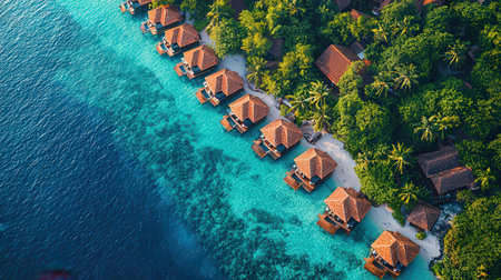 Aerial view of tropical island with water bungalows at Maldivesの素材