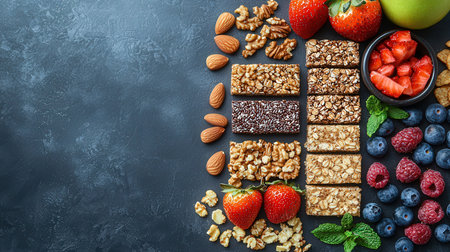 Healthy breakfast. Granola bars with berries and nuts on dark background. Top view, copy spaceの素材