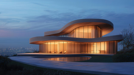 3D rendering of a modern building at night with a beautiful skyの素材