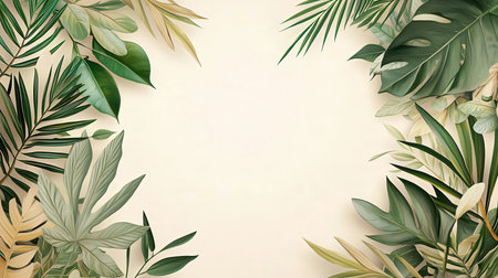 Tropical leaves background with copy space. Realistic vector illustration.の素材