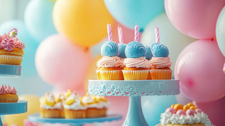 Birthday cupcakes with candles and balloons on table, closeupの素材