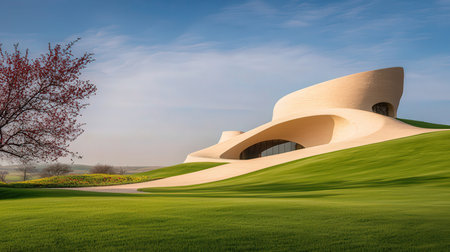Modern architecture in the park with green grass and blue sky background.の素材