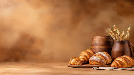 Composition with croissants on wooden table and rustic backgroundの素材