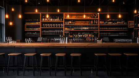 Bar counter with beer bottles and stools in modern pub or restaurantの素材