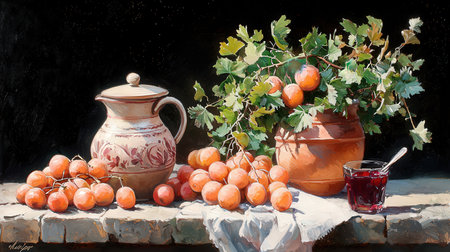 Still life with grapes and wine in clay pots on a black backgroundの素材