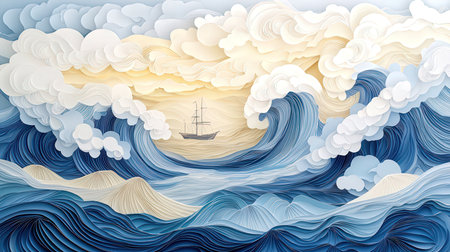 Sea wave background with boat. Paper art style. Vector illustration.の素材