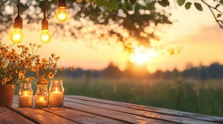 Burning candles in glass jars with flowers on wooden table at sunsetの素材