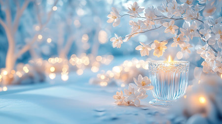 Candle with white jasmine blossoms on the background of the winter forestの素材