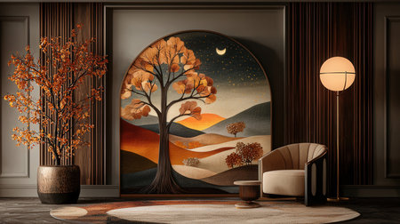 Interior of living room with tree and armchair 3D renderingの素材