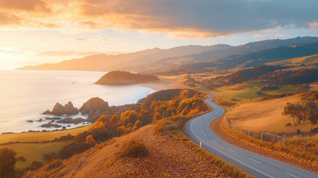 Autumn landscape with road and mountains at sunset. Nature composition.の素材