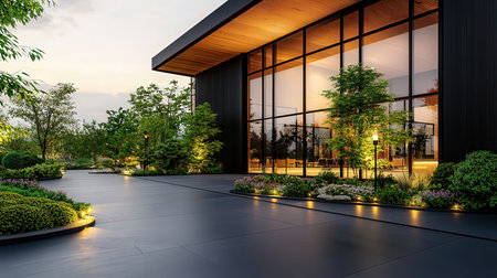 Modern house exterior with garden and sunset light, 3d rendering.の素材