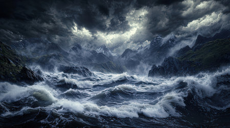 Stormy sea with big waves and stormy clouds. 3d renderingの素材