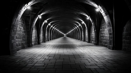 Underground tunnel with lights and brick floor. Black and white.の素材