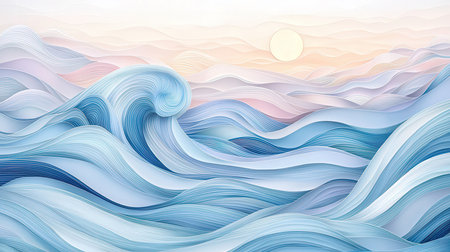 Abstract background with blue waves and sun. Vector illustration for your designの素材