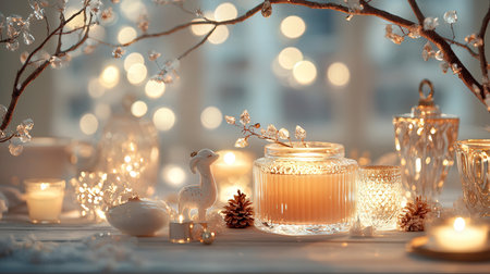 Christmas and New Year still life with candles and bokeh backgroundの素材