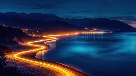 Night view of the sea and mountains. Long exposure photo. Long exposure photography.の素材
