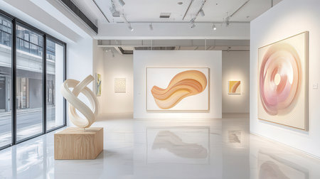 Modern art gallery interior with abstract painting on the wall. 3D Renderingの素材