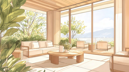 Illustration of a modern living room with a view of the mountainsの素材