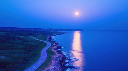 Aerial view of the Baltic Sea coast in Poland at night.の素材