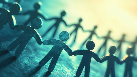 Teamwork concept. Group of paper people holding hands. 3d illustrationの素材