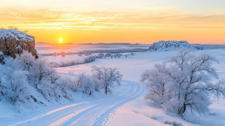 Winter sunset on the river in Russia. Beautiful winter landscape with a roadの素材