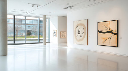 Modern art gallery interior with paintings on the wall. 3d renderingの素材