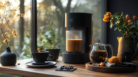 Coffee maker and cup of coffee on wooden table in cafeの素材