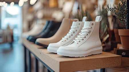 White leather shoes on a shelf in a store, close-upの素材